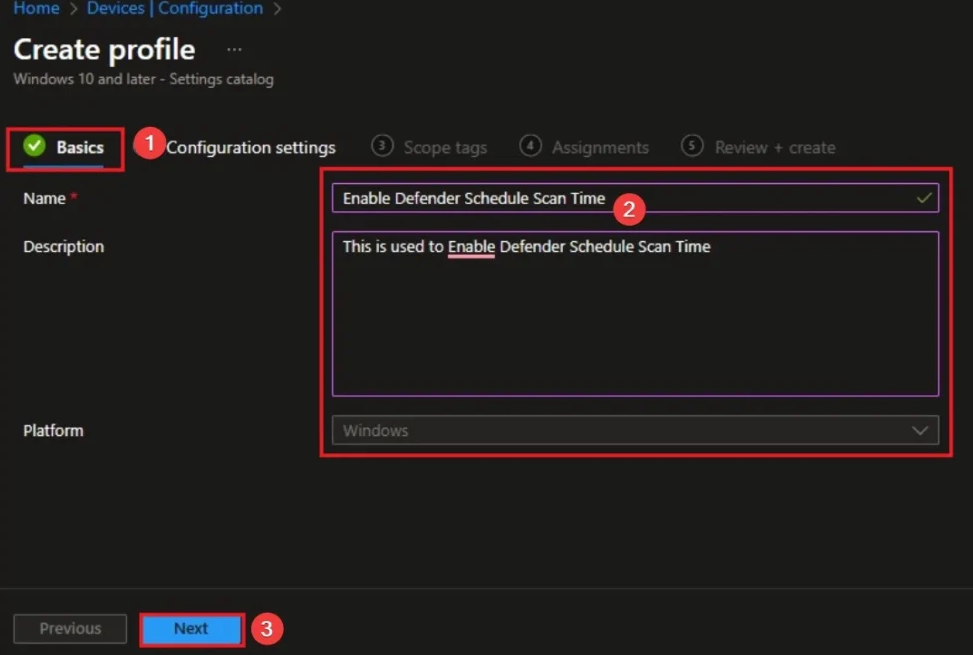 Basics tab: name and description for the configuration profile